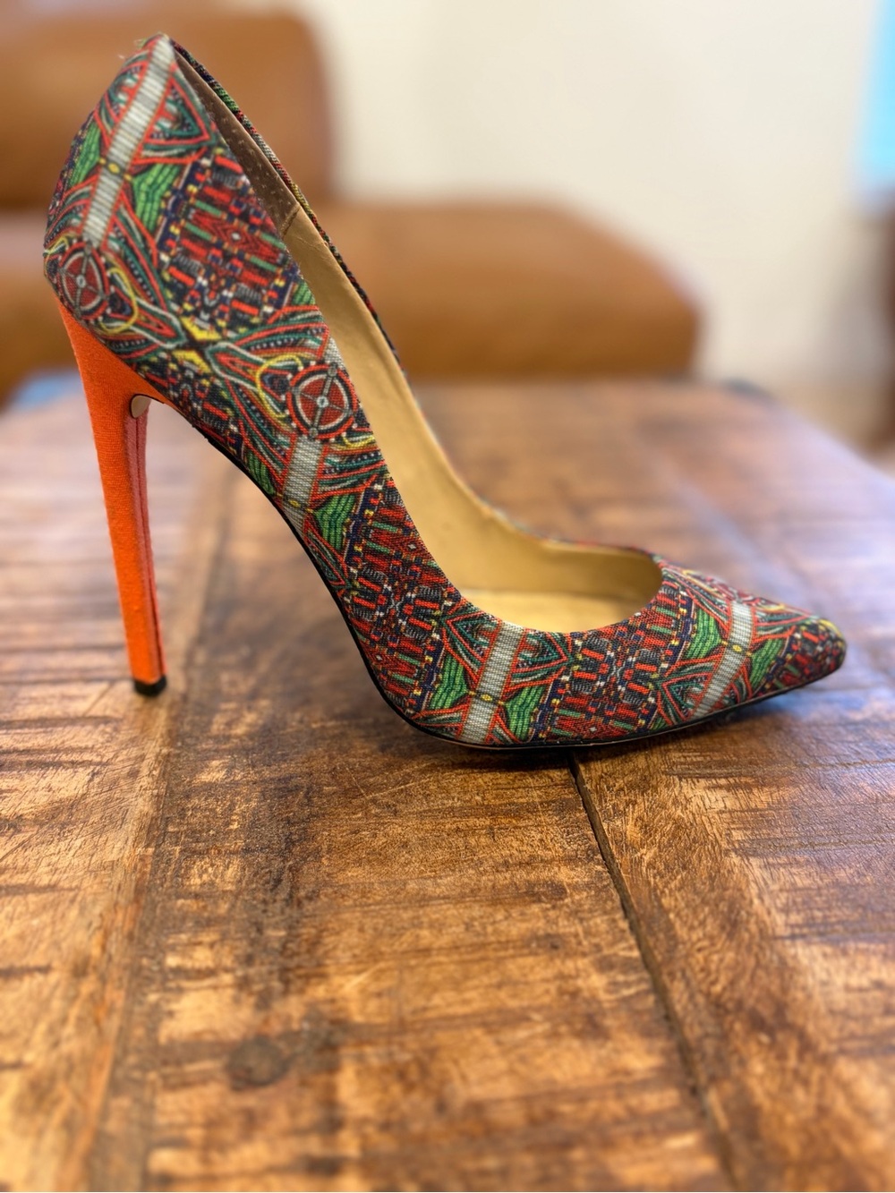 GX by Gwen Stefani Multicolor Geometric Pointed-Toe Pump with Orange Heel